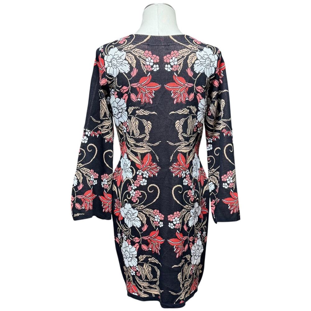 Boston Proper Mirrored Garden Print Intarsia Sweater Dress Brown Pink Medium - Picture 6 of 7
